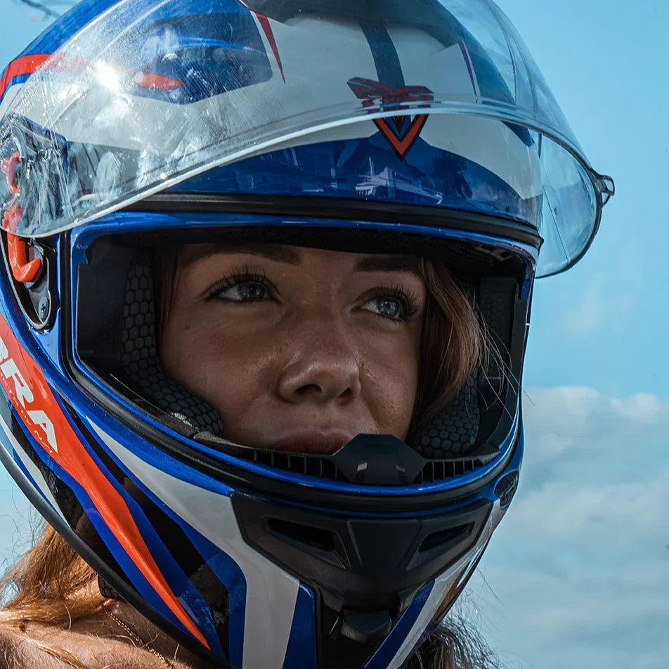 Girl wearing a motorbike helmet